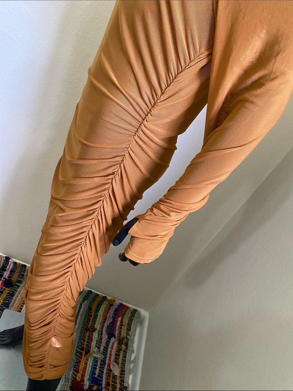Fashion Nova Free Bird Tan Brown Sheer Long Sleeve Ruched Midi Dress NWTs - Picture 10 of 14